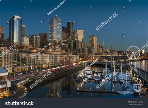 Seattle Waterfront At Sunset. The Seattle, Washington Waterfront And ...