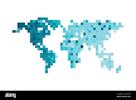 Vector isolated geometric illustration with simplified icy blue silhouette of world map. Pixel ...