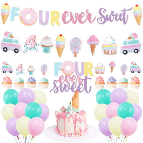 Buy UTOPPFour Ever Sweet Ice Cream Donut Birthday Party Decorations, Four Ever Sweet Party ...