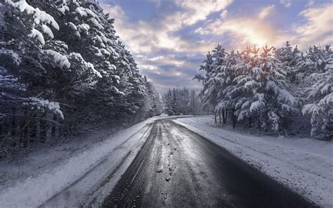 Wallpaper Winter, trees, road, clouds, snow 1920x1200 HD Picture, Image