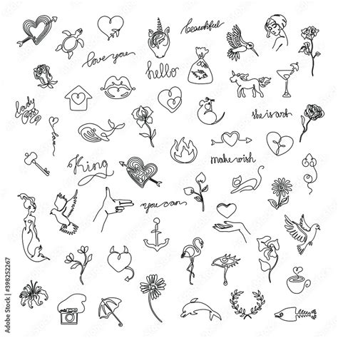 Small tattoo set, sticker design pack, continuous line drawing ...