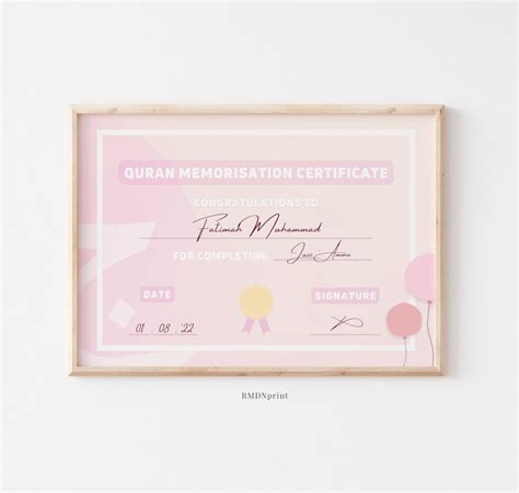 Pink Quran Memorisation Hifz Certificate Printable, Hafiz Memorisation ...