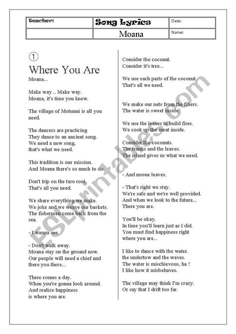 Moana Song Lyrics Handouts - ESL worksheet by shy213