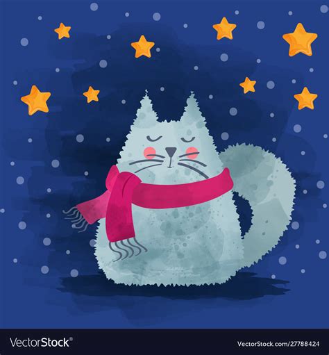 Cute watercolor cat in winter christmas card Vector Image