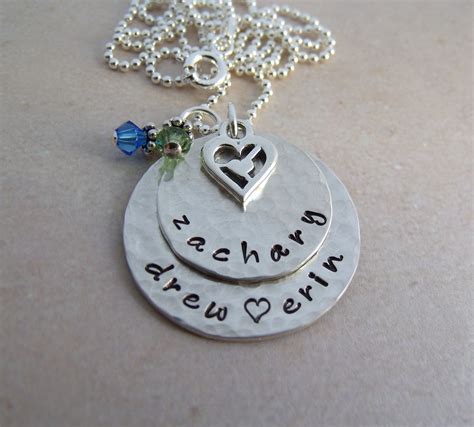 Personalized Mother's Necklace - Hand Stamped Sterling Silver Brag Necklace - Hammered Finish on ...