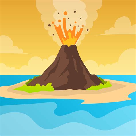 Flat Volcano Eruption With orange sky Vector Background Illustration ...