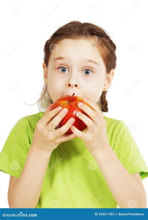 Little Cute Girl Bites a Big Red Apple with Appetite Stock Image ...