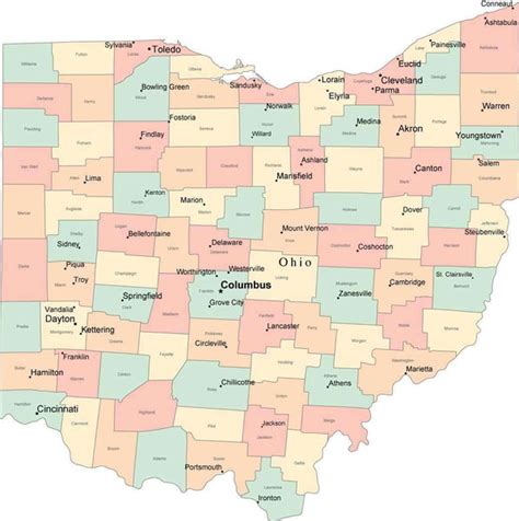 Multi Color Ohio Map with Counties, Capitals, and Major Cities