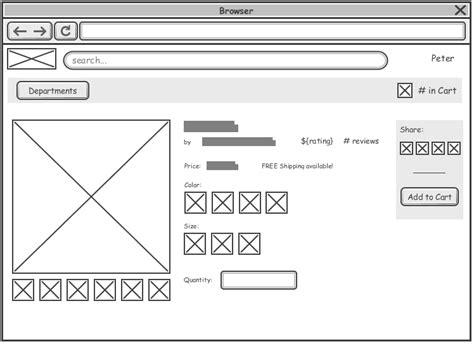 Web wireframe diagram example for a shopping cart item page (like Amazon). This wireframe ...