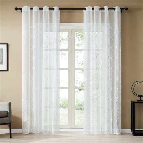 Topfinel White Sheer Curtains 96 Inches Long Embroidered Diamond Grommet Window Curtains for ...