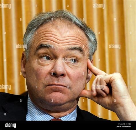 Senator Tim Kaine Democratic of Virginia listens to witness during ...