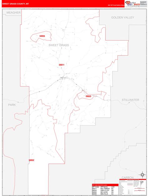 Sweet Grass County, MT Zip Code Wall Map Red Line Style by MarketMAPS ...