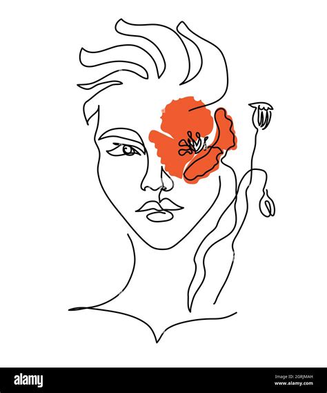 Woman head lineart drawing with red poppy flower instead of eye. Modern ...