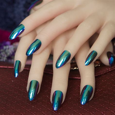 24pcs/set Acrylic Metal Mirror Effect Nails Artificial Fake Nails Full Cover Stiletto nails ...