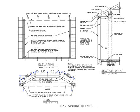 Bay window elevation, plan and section details that includes a detailed view of bottom truss ...