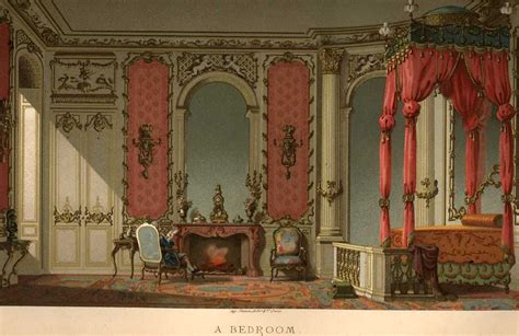 A chromolithograph of an upper class French 18th century bedroom ...