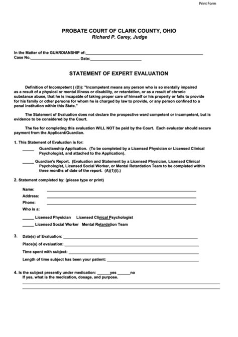 Statement Of Expert Evaluation - Probate Court Of Clark County, Ohio printable pdf download