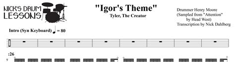 “Igor’s Theme” Tyler, The Creator – Drum Sheet Music - Nicks Drum Lessons