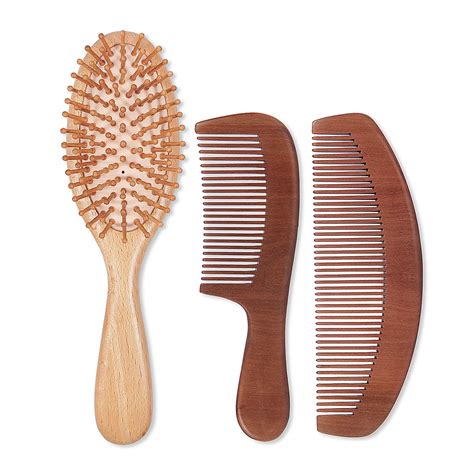 Buy Natural Wood Hair Brush with Wooden Bristles Massage Scalp Comb and Peach Wood Beard Comb ...