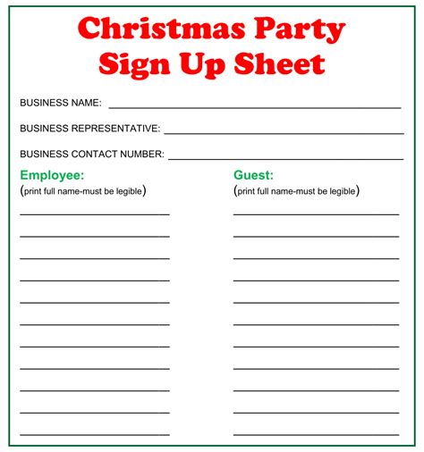 Printable Party Sign Up Sheet