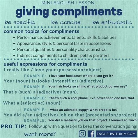 Guidelines and Expressions for Giving Compliments • English with Kim | Giving compliments ...