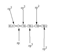 What is the hybridization of the atoms from left to right? H2C=C=CH-CH2-CH=CH2 | Homework.Study.com