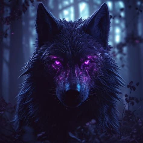 Premium Photo | A wolf with purple eyes in the dark