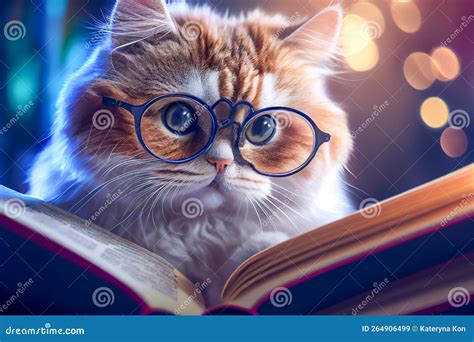 Intelligent Cat in Glasses Reading a Book, Ai Illustration Stock ...