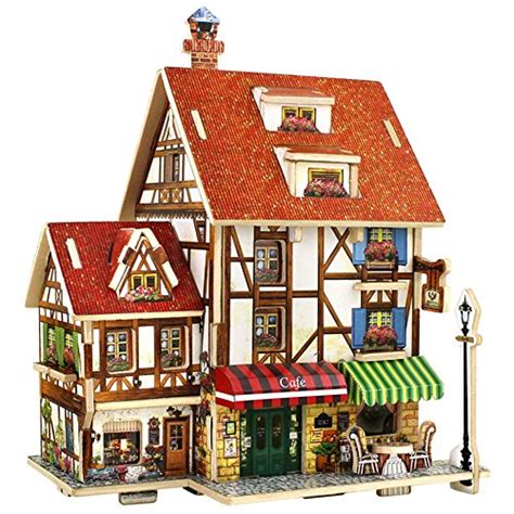 DIY 3D Wood House Puzzle Kids Wooden Toy House Coffee Lodge Home Coffee Cafe Shop Jigsaw Model ...