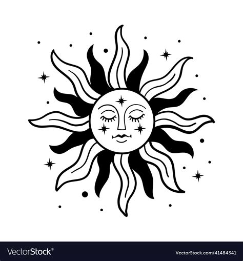 Vintage line drawing sun with face and closed Vector Image