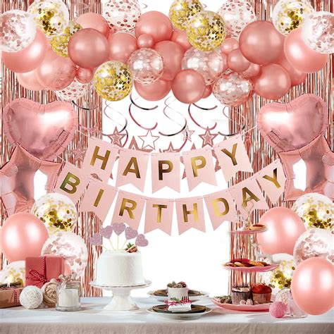 Rose Gold Birthday Party Decorations, Happy Birthday Banner, Rose Gold Fringe Curtain, Heart ...