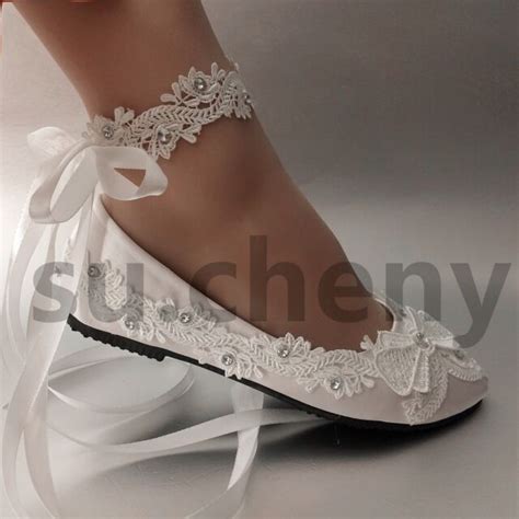 su.cheny light ivory white satin lace flat ballet Wedding shoes Bridal ...