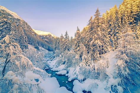 Alps, Sunrise, Winter, Mountain, Forest, Snow, River, White, Landscape, Nature Wallpapers HD ...