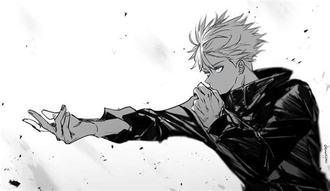 an anime character in black and white holding his hand out