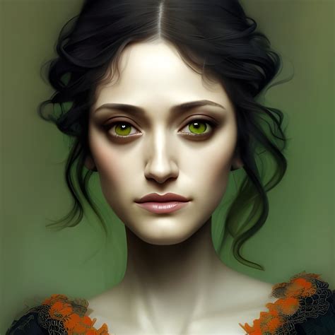 Emmy Rossum, Black Hair, Grey eyes, Green, Orange, Dress, lace, silk - AI Generated Artwork ...