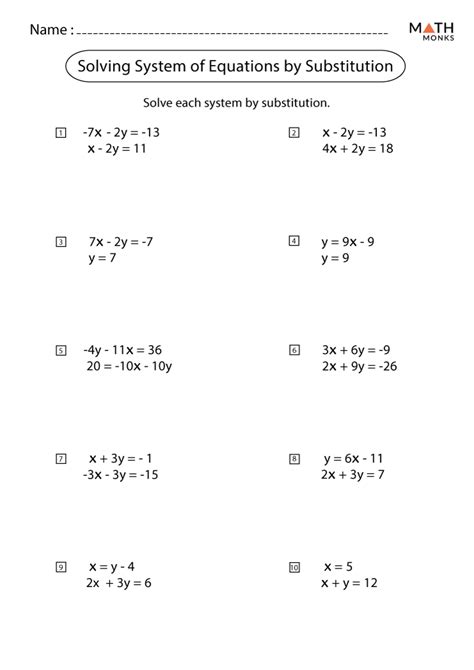 Solving Systems of Equations by Substitution Worksheets - Math Monks