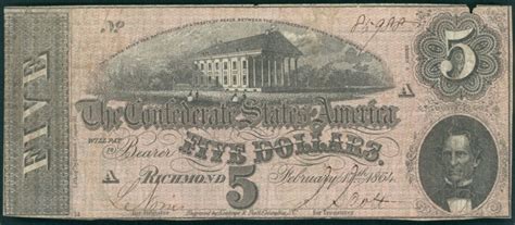 1864 Confederate States of America $5 Five Dollar Richmond Virginia ...