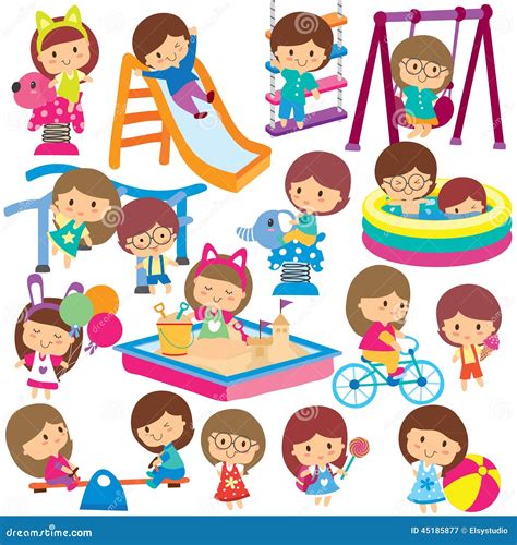 Kids at Playground Clip Art Set Stock Vector - Illustration of leisure ...