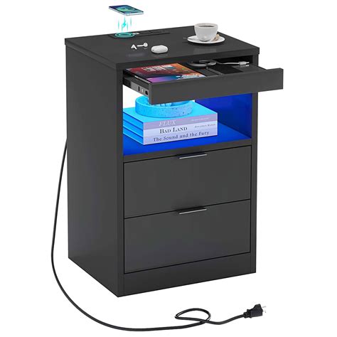 Nightstand with Wireless Charging Station and 2 Drawers, LED Light ...