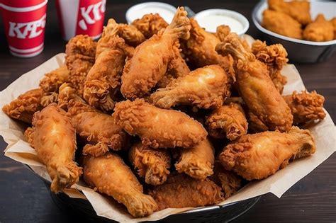 Premium Photo | A lots of fried chicken hot wings in bucket of KFC