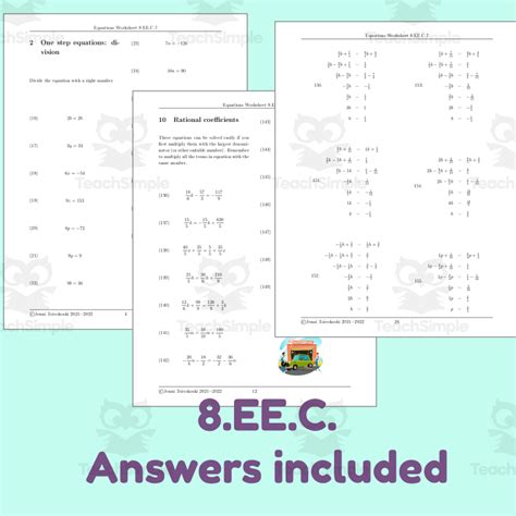 Large Linear Equations Worksheet for 8th Grade 8.EE.C.7 by Teach Simple