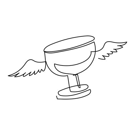 Single one line drawing flying trophy cup with wings. Victory and triumph of person ...