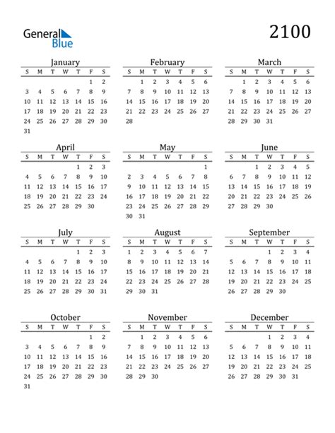 2100 Calendar (PDF, Word, Excel)