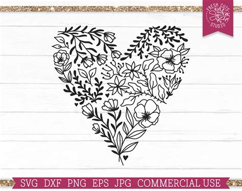 Flower Heart SVG Cut File for Cricut Silhouette, Floral Valentine Heart Design, Poppy Laurel ...