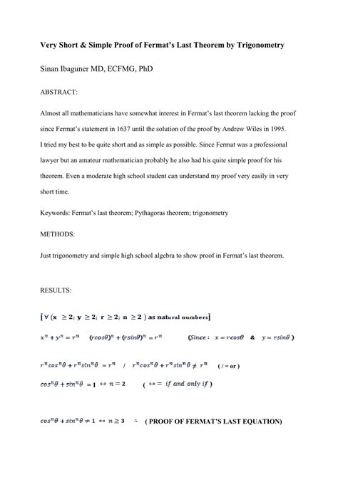 (PDF) Very Short & Simple Proof of Fermat’s Last Theorem by Trigonometry