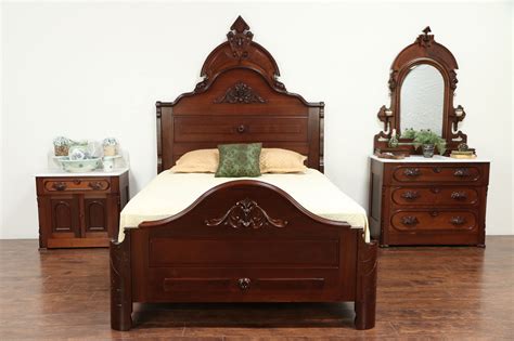 SOLD - Victorian Antique Queen Size Walnut Bedroom Set, 2 Marble Top Chests #29948 - Harp ...