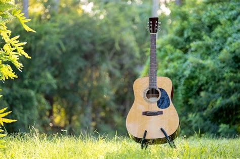 Premium Photo | Acoustic guitar outdoors on greenery background concept ...