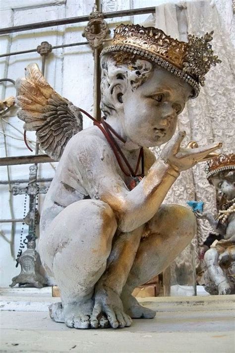 Large cherub with crown distressed hand painted statue art piece ...