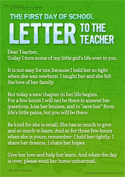 The First Day Of School — Letter To The Teacher: Poster