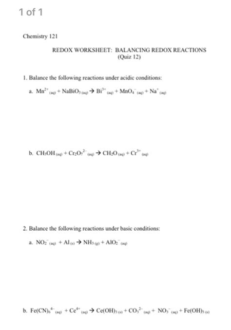 Balancing Redox Reactions Worksheet - Kindergarten Printable Sheet